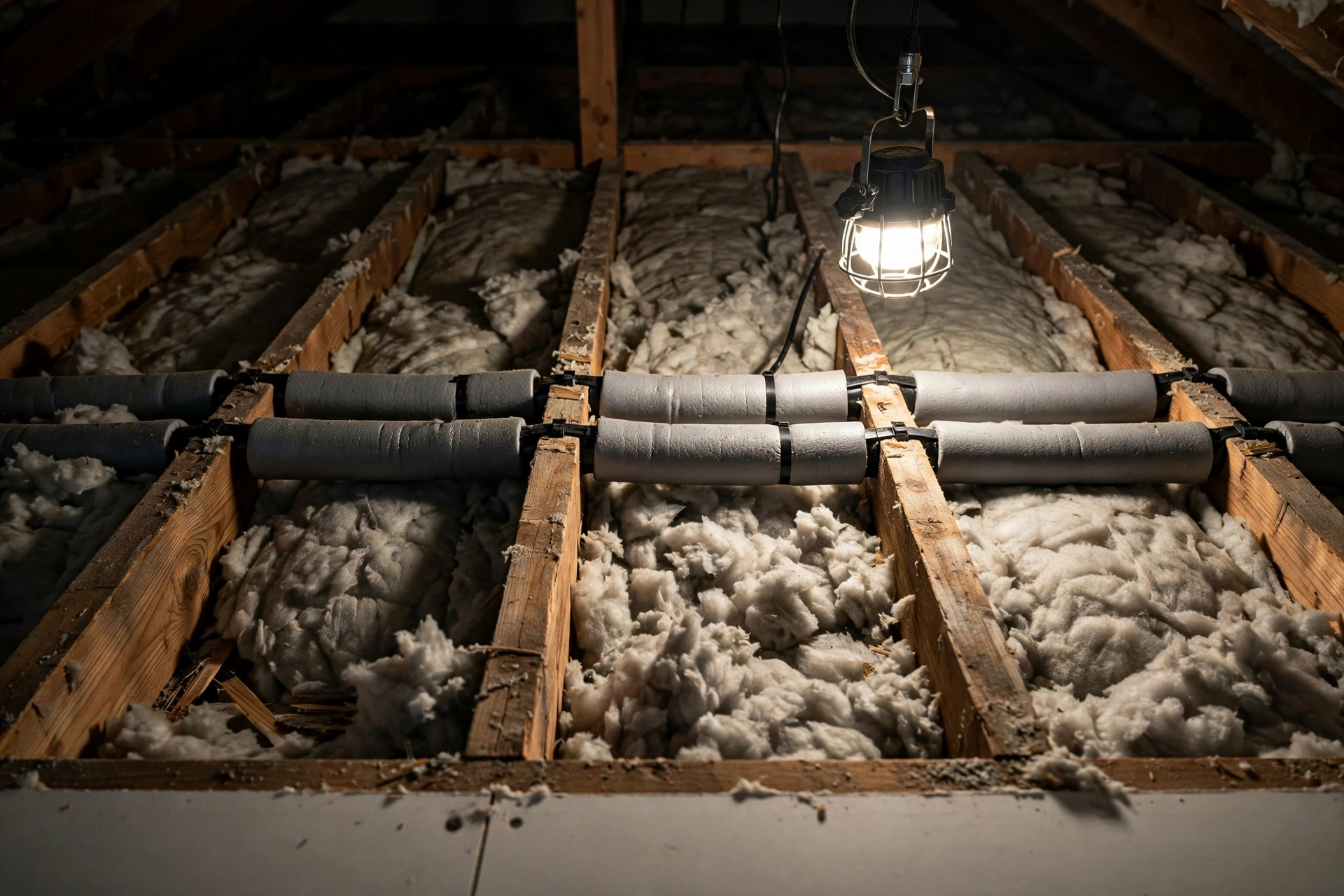 Insulated water pipes routed along attic joists above a ceiling