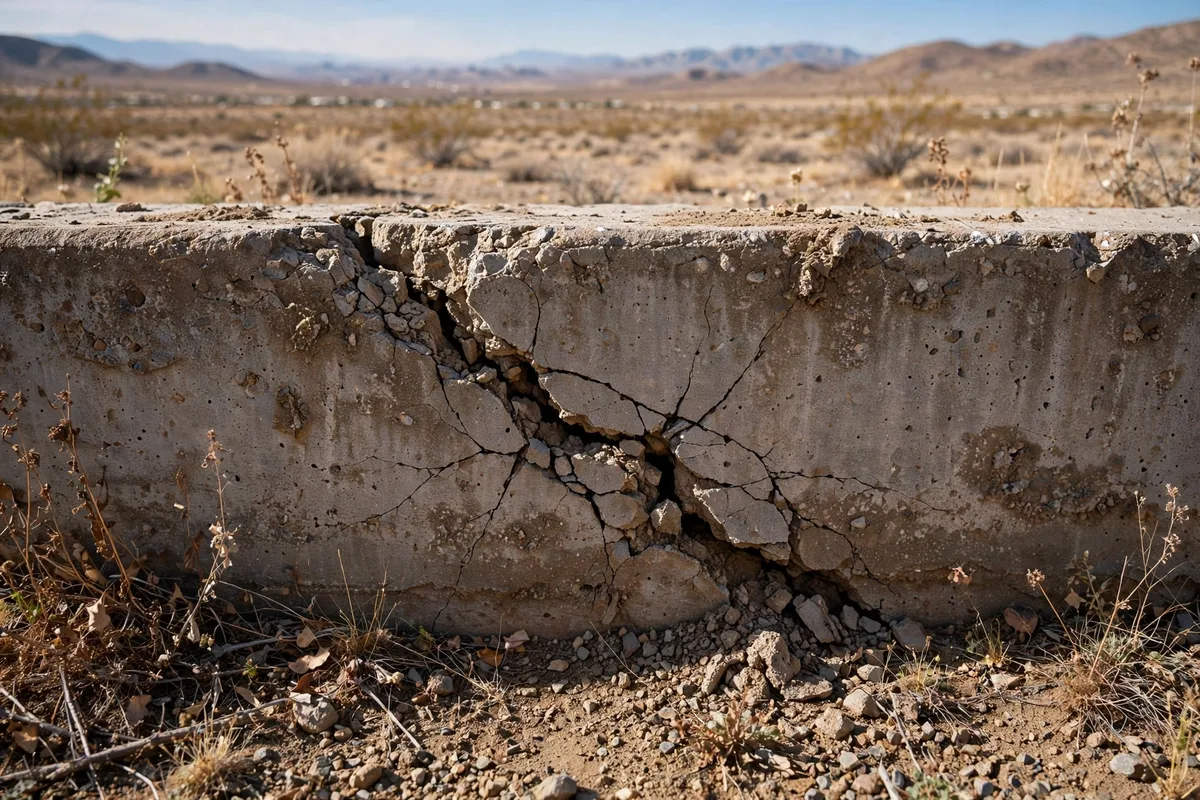 Jagged crack running through a concrete foundation wall at ground level