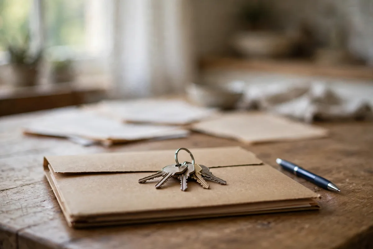 House keys resting on a folder of home documents on a table
