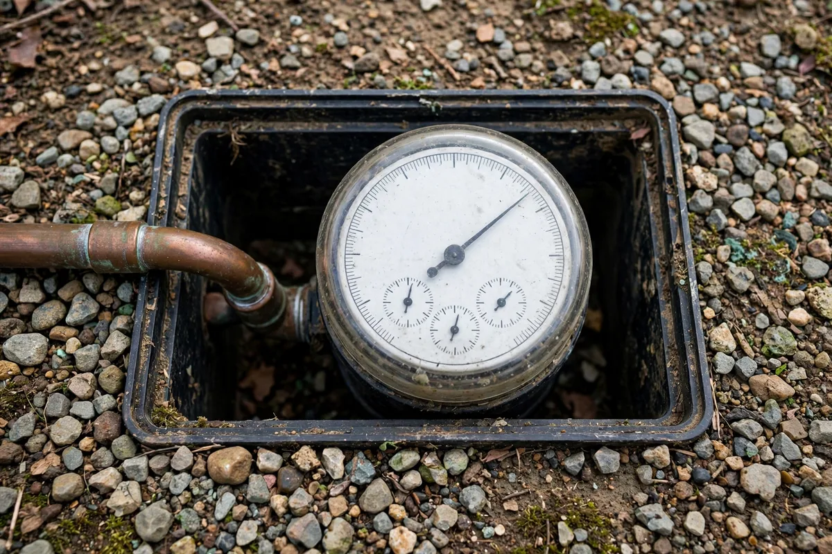 Water meter dial inside a ground-level meter box beside a copper pipe