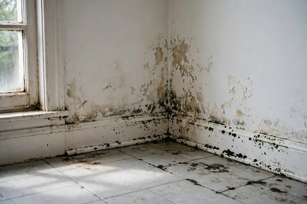 Dark mold spots along a white baseboard and wall corner above a tile floor