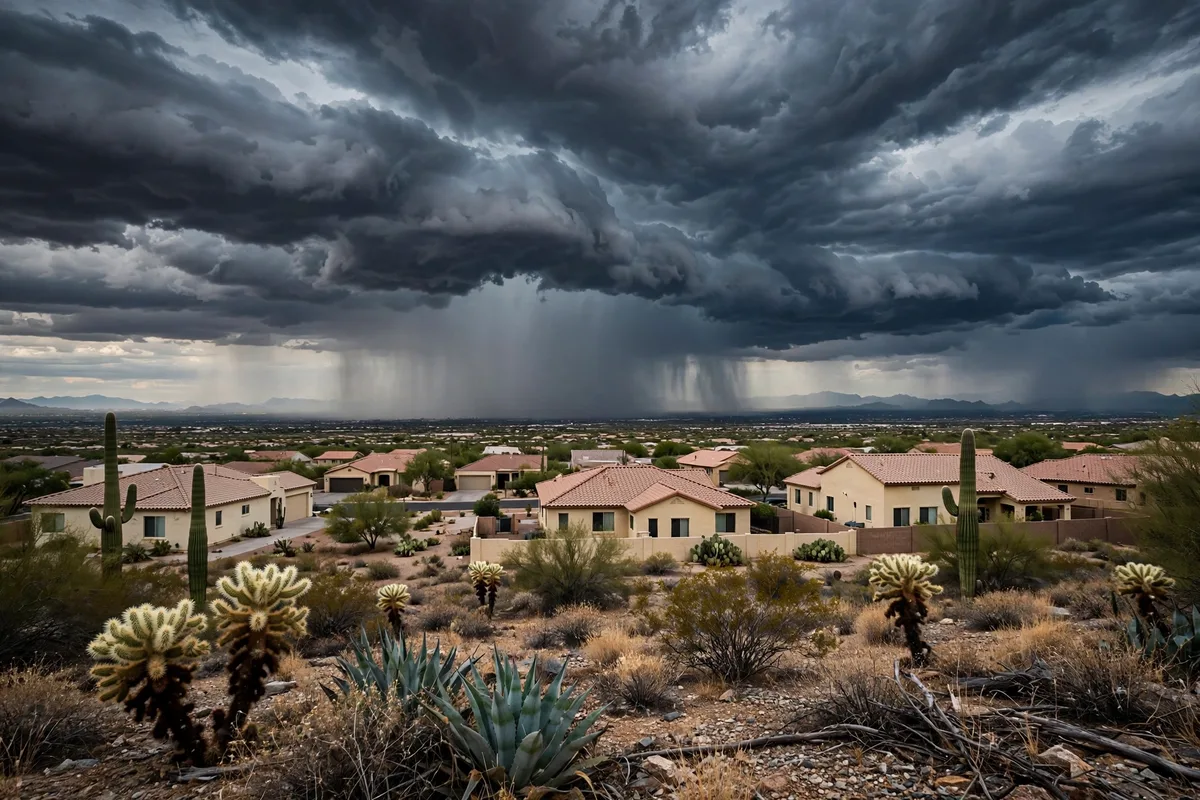 Monsoon storm clouds and rain shafts over an Arizona suburb