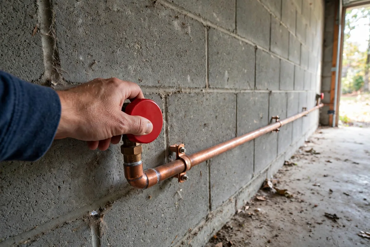 Hand turning a red main water shutoff valve on a copper pipe