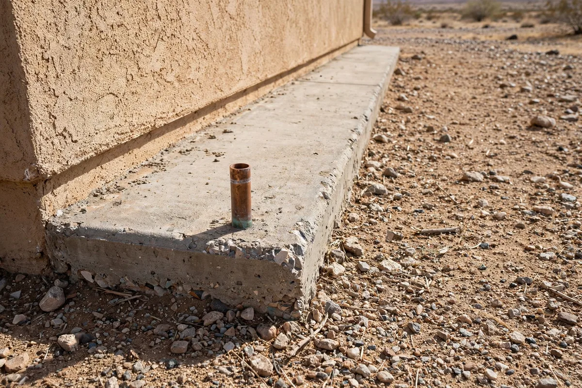 Concrete slab edge with a copper pipe stub beside a stucco wall