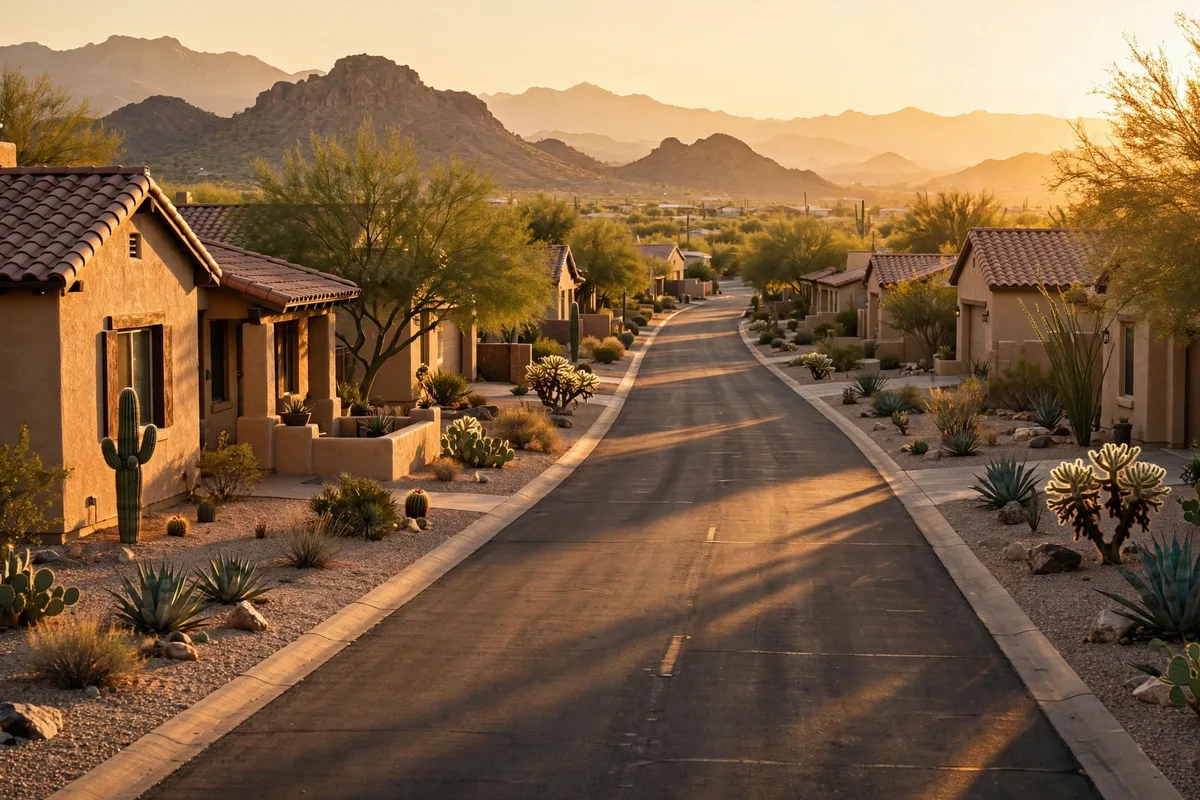 Suburban street at golden hour with stucco homes, tile roofs, and desert mountains