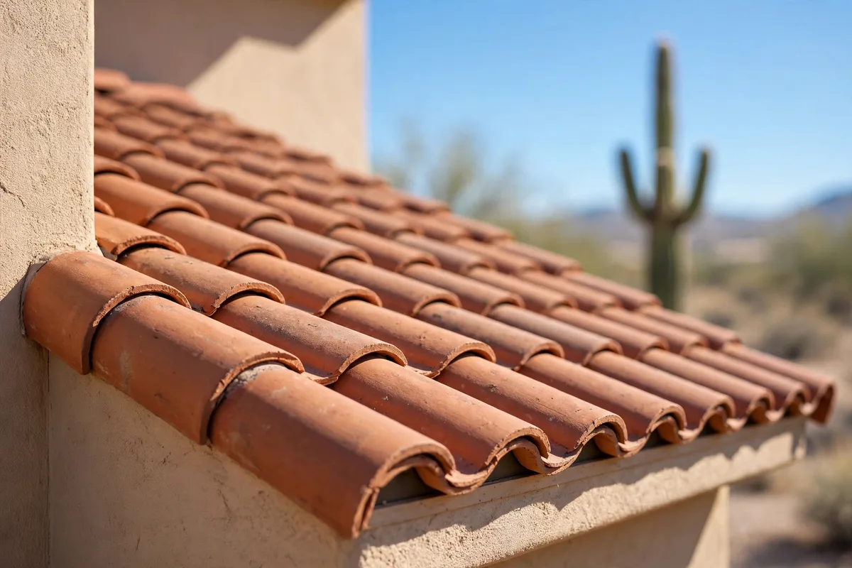 Terracotta barrel tile roof on a stucco home with a saguaro in the background