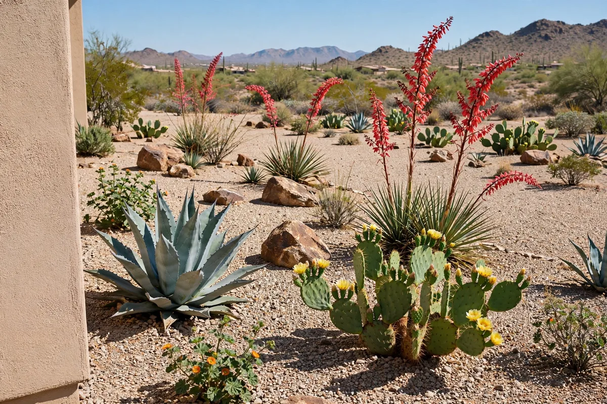 Xeriscape yard with gravel, agave, red yucca flowers, and prickly pear cactus