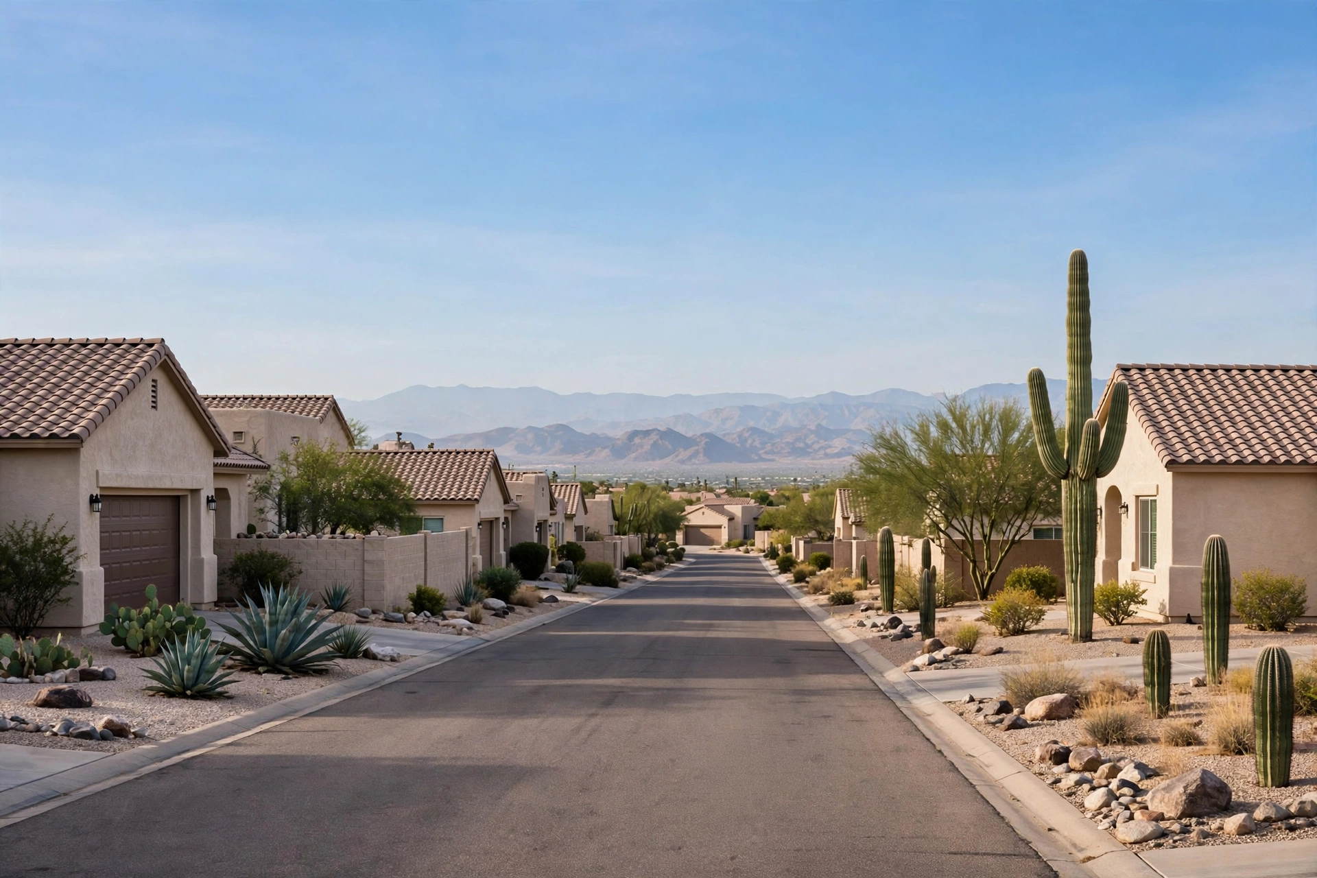 Suburban street in Arizona with stucco homes, desert landscaping, and mountains in the distance