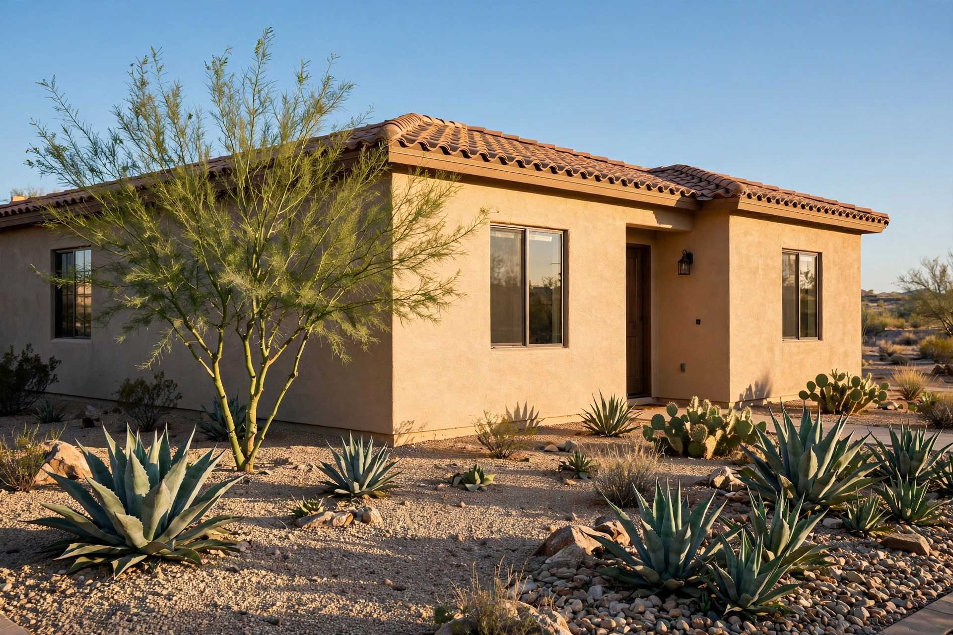 Single-story Arizona stucco home with tile roof and desert landscaping