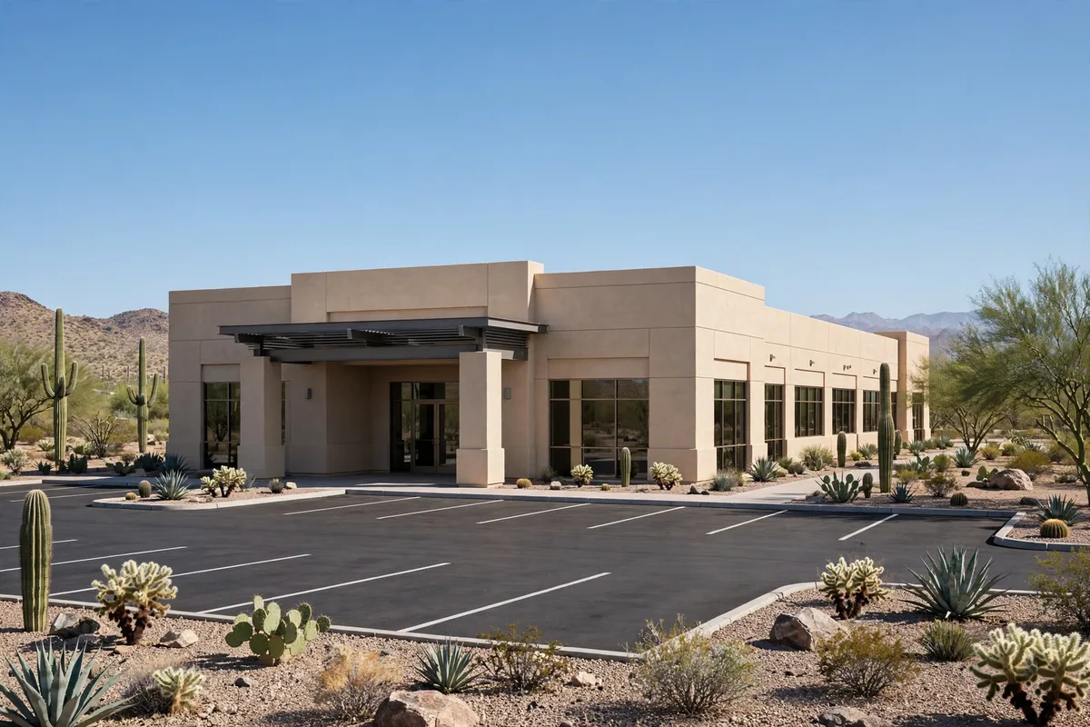 Low-rise stucco office building with desert landscaping and parking lot
