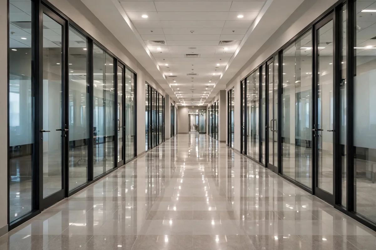 Empty commercial hallway with glass office doors and polished tile floor