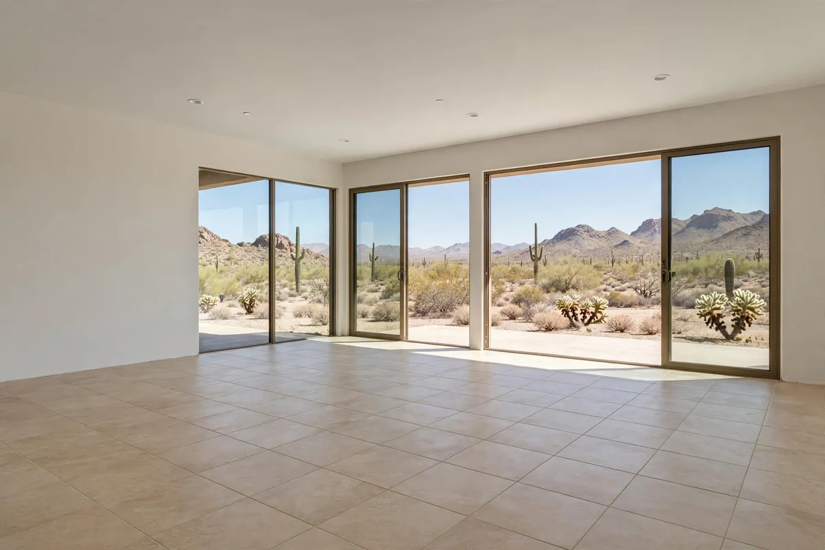Empty living room with tile floor and large windows looking out on the desert