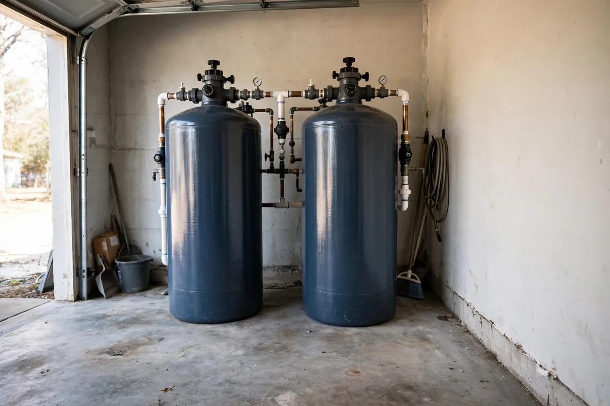 Two water softener tanks with valves and pipes in a garage