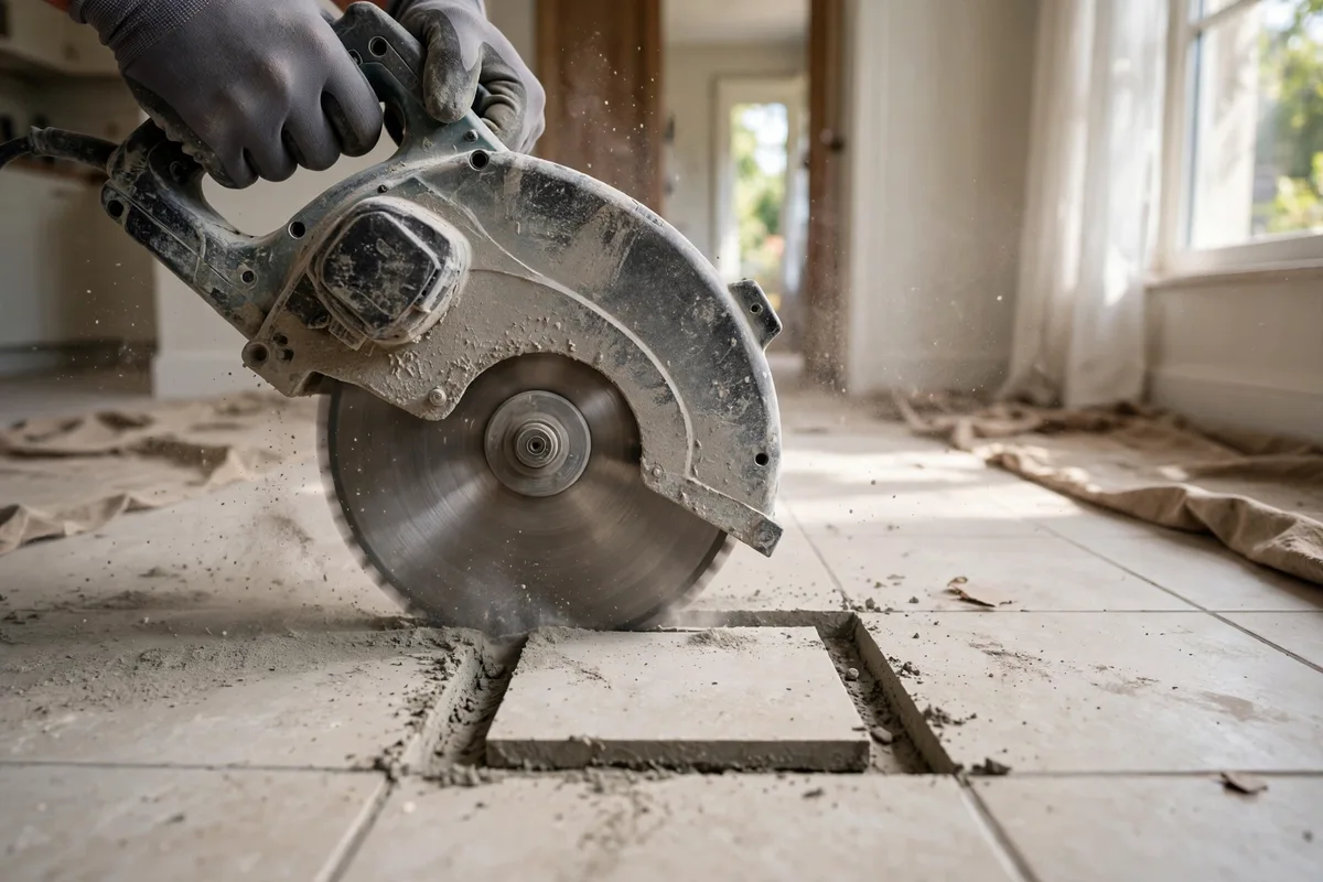 Concrete saw cutting a square opening in a tile floor