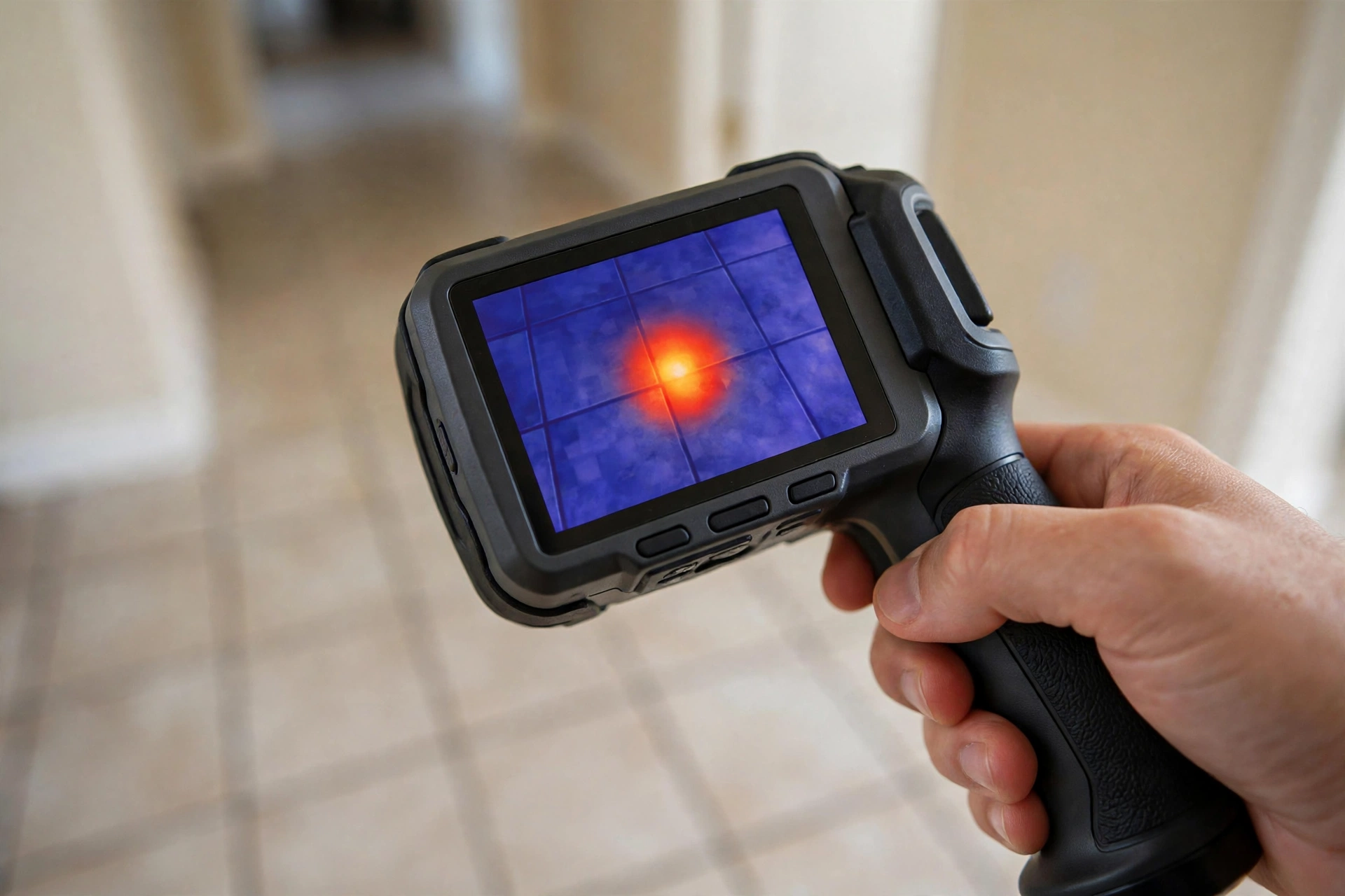 Thermal imaging camera showing a hot spot on a tile floor